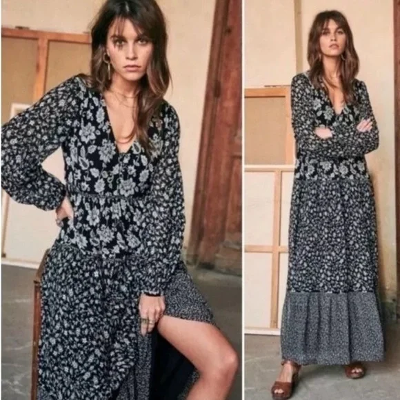 Sézane Dress Noreen Floral Tiered Cottagecore Maxi Dress Black White 34 - Picture 1 of 12